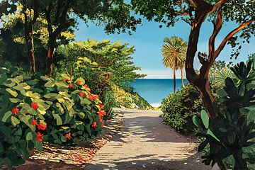 Caribbean Grown Path to the Beach - Hockney-style Tropical Landscape by Roger VDB