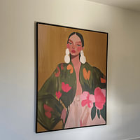 Klantfoto: Kleurrijk modern en abstract portret in warme kleuren van Carla Van Iersel, op canvas