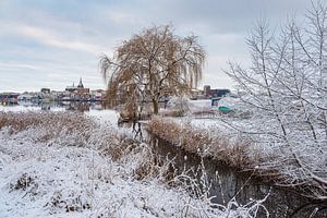 Blick über die Warnow auf die Hansestadt Rostock im Winter