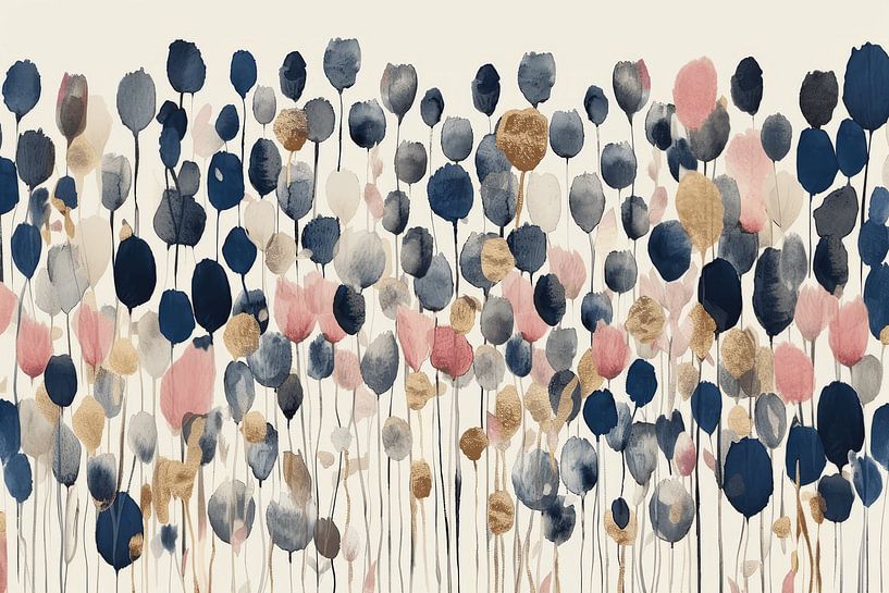 Champ de fleurs abstraites en bleu, rose et or par Studio Allee