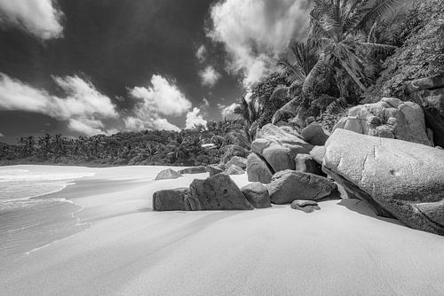Droomstrand op het eiland Mahé in de Seychellen. Zwart en wit