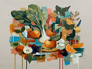 Küchenkunst: Farbenfrohe abstrakte Komposition aus Obst und Gemüse