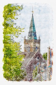 Niederländische Reformierte Kirche in 's-Gravendeel (Zuid-Holland) (Aquarell) von Art by Jeronimo
