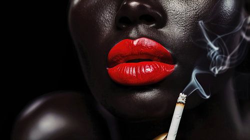 Lèvres rouges avec cigarette dans l'obscurité