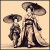 Geisha et sa fille en kimono et ombrelles sur Hey Art!