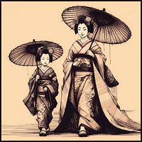 Geisha en dochter in traditionele Japanse kleding