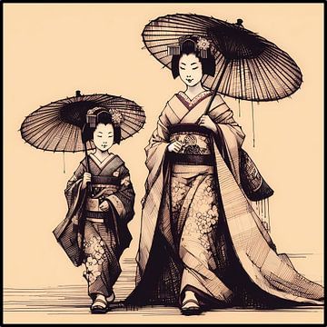 Geisha en dochter in traditionele Japanse kleding van Hey Art!