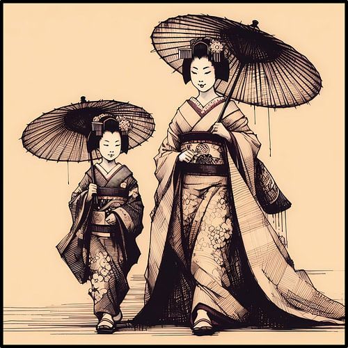 Geisha and daughter, walking with umbrellas