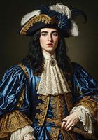 Portrait d'une personne vêtue d'un manteau bleu et d'un chapeau à plumes de style XVIIIe siècle