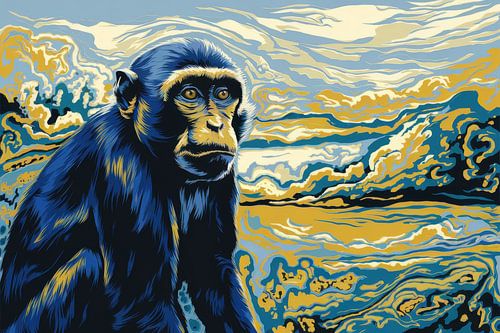 Aap in kleurrijk landschap