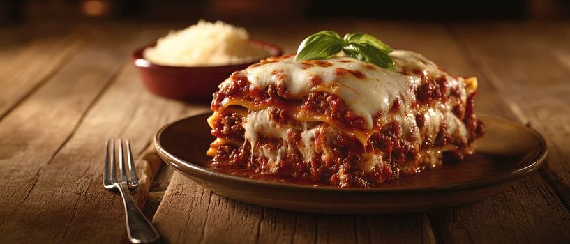 Lasagnes savoureuses servies sur une table en bois par Poster Art Shop