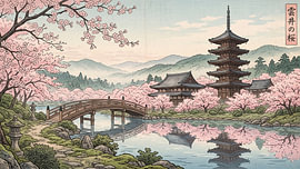 Cherry Blossoms Beside a Timeless Japanese Temple by my pixel art