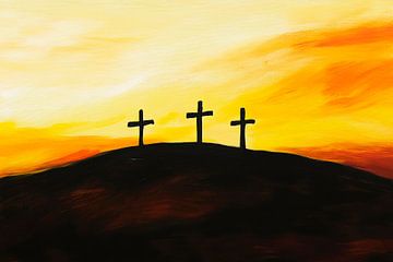 Drie kruizen in een mystieke zonsondergang van Poster Art Shop