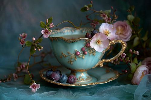Romantisch stilleven met turquoise theekopje, gouden accenten, bloemen en bessen