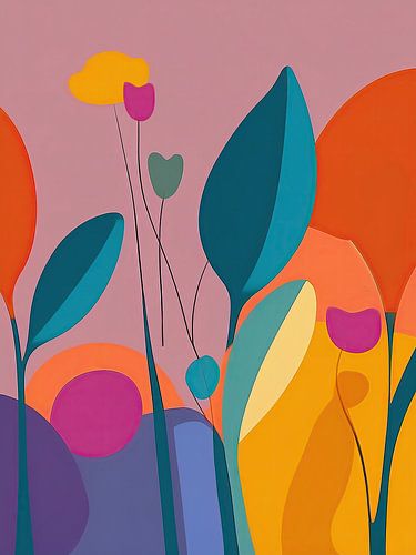 Colourful modern flower field with abstract organic shapes