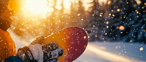 Snowboarders in de sneeuw bij zonsondergang