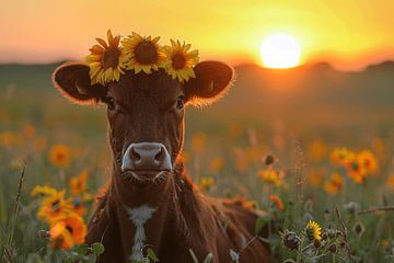 Sonnenuntergangszauber - Kuhporträt im Sonnenblumenfeld von Felix Brönnimann