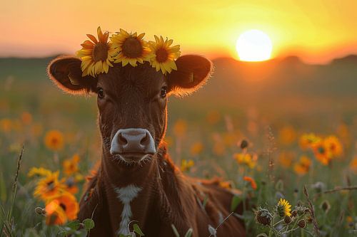 Magie bij zonsondergang - Koeienportret in het zonnebloemveld