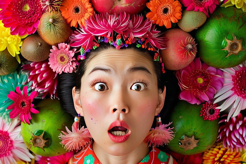 portrait d'une femme perplexe avec des fruits et des fleurs par Egon Zitter