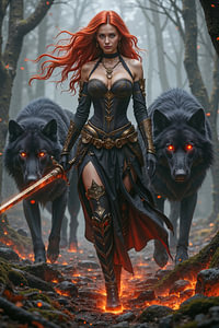 Dark Fantasy Wandbild: NYXARIEL – Die Kriegerin der dunklen Wälder mit ihren Wölfen