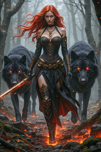 Dark Fantasy Gothic Wall Art: NYXARIEL – The Warrior of the Dark Forests with Her Wolves