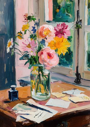 Colourful flowers on an old desk