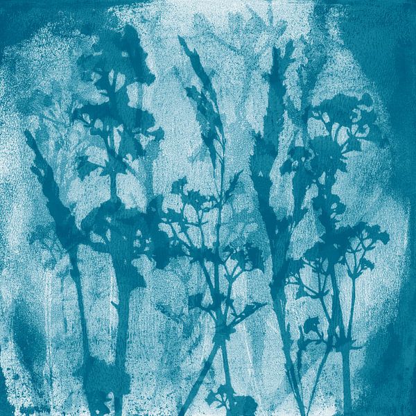 Meadow dreams. Botanical illustration in retro style in blue by Dina Dankers