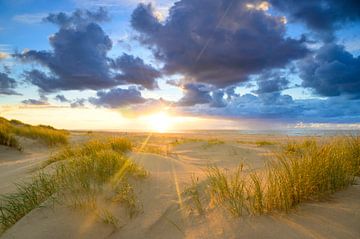 Coucher de soleil sur la plage de Texel avec des dunes de sable au premier plan sur Sjoerd van der Wal Photographie