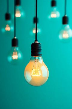 Hangende gloeilampen tegen een turquoise achtergrond van Poster Art Shop
