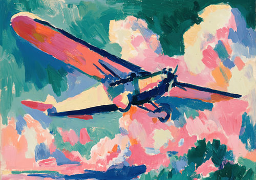 An abstract aeroplane in a colourful sea of clouds