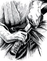 Samurai Katana Japan met handen en rok, potlood tekening hand getekend