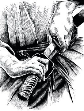 Samurai Katana Japan mit Hände und Rock, Bleistiftzeichnung handgezeichnet von InkoDef