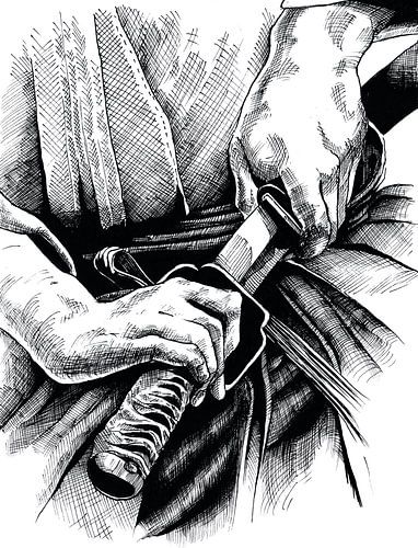 Samurai Katana Japan met handen en rok, potlood tekening hand getekend van InkoDef