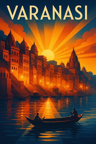 Varanasi Sunrise Reverence – Art Deco Ganges Poster