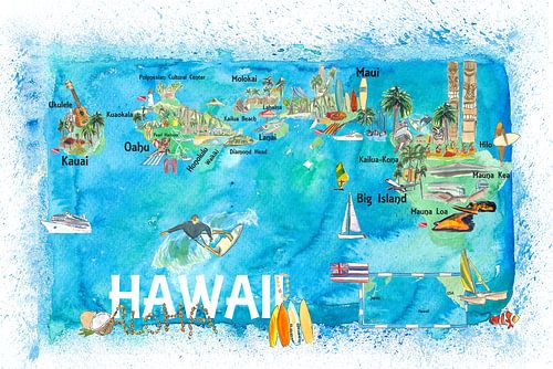 Hawaii USA Carte illustrée avec points de repère et points forts
