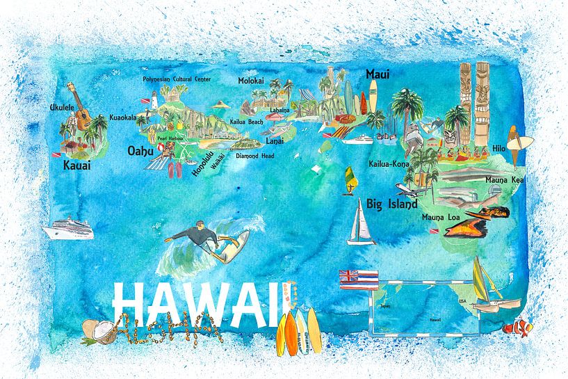 Hawaii USA Illustrierte Karte mit Orientierungspunkten und Höhepunkten von Markus Bleichner