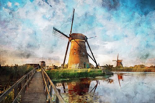 Aquarell mühlen Kinderdijk