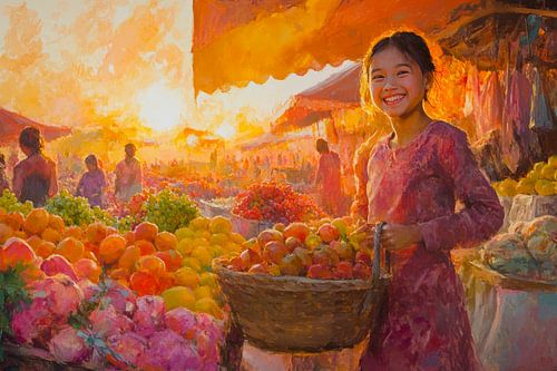 Girl with fruit basket at market by Poster Art Shop