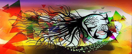 Femme Fatale, Frau bestehend aus Vögeln und Zweigen.