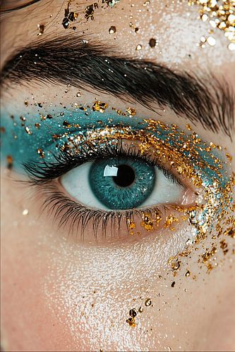 Weiblicher atemberaubender Blick – Blau Grün Türkis Gold Tief junge Frau im Luxus Design Liedschatten