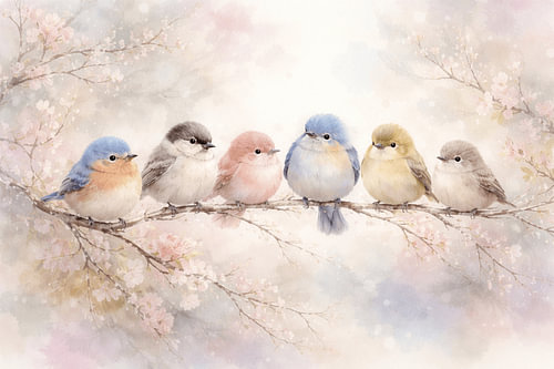 Springtime Friends – Pastellfarbene Vögelchen auf einem Blütenzweig von Design Wall Arts