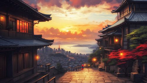 Timeless Beauty: Sunset in an Old Japanese Village with Mountain View