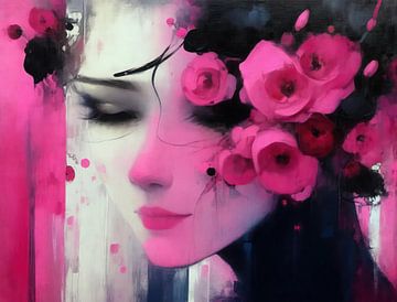 Modern Vrouwenportret | Roze Bloemen van De Mooiste Kunst