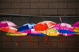 Aufgehängte Regenschirme an einer Mauer in Leipzig