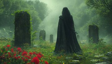 Druidesse mystique dans un brouillard de fleurs germaniques sur artefacti