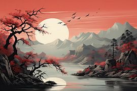 Red sun over tranquil Japanese mountain landscape by Erika Kaisersot