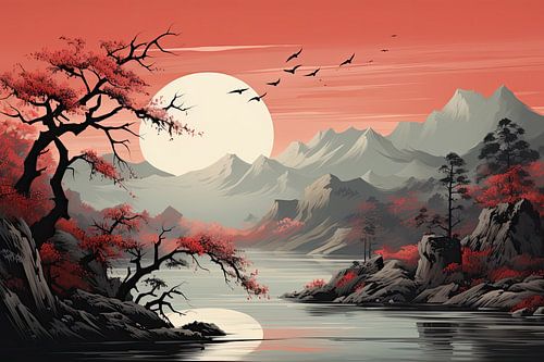 Rode zon boven rustig Japans berglandschap