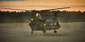 Chinook-Transporthubschrauber hebt bei Sonnenuntergang ab