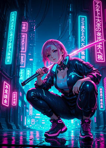 Cyberpunk Straat Samurai Meisje Anime Japan van Ruzerin