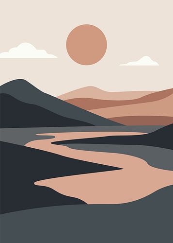 Een minimalistisch landschap van kronkelende riviervalleien en gelaagde bergsilhouetten in ingetogen aardetinten.